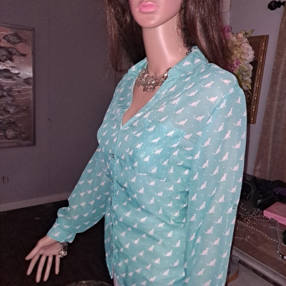 White Cat 🐱 Print Teal Blouse - Picture 7 of 7